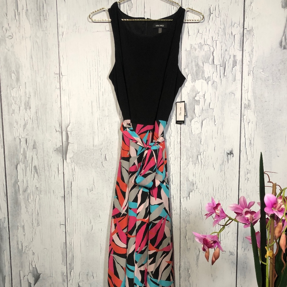 Nine West Black/Multicolor Maxi Dress Sz 14 NWT